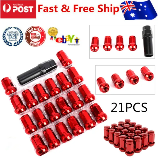 21PCS M12x1.5 Steel Wheel Lug Nuts Wheel Rims Tuner With Hex Key Red Kit AU