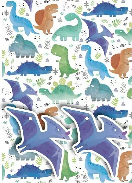 Dinosaur - Boys Gift Wrap Set Paper Wrapping 2 Sheets 2 Tags