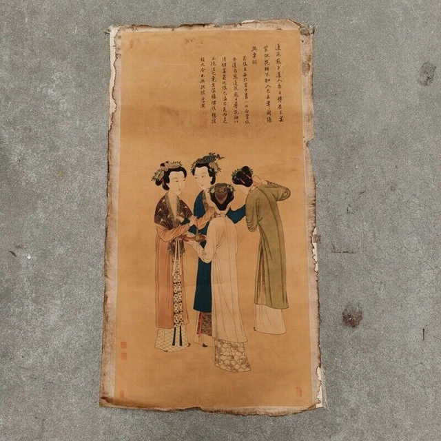 Old Chinese Calligraphy Scroll Painting Hand Painted“Tang Yin Four Beauty" Paint