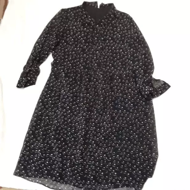 Black tiny print voile long girls dress size 14? peter pan collar pleated bodice