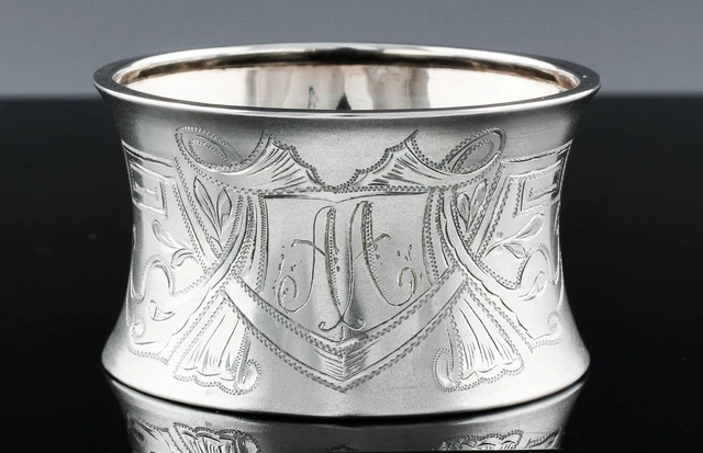 Fine Antique Continental 830 Solid Silver Etched Dinner Napkin Ring M Monogram 1
