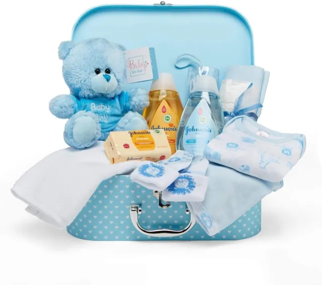 Newborn Baby Gift Set Unisex  Hand Packed Blue Hamper Keepsake Suitcase Box