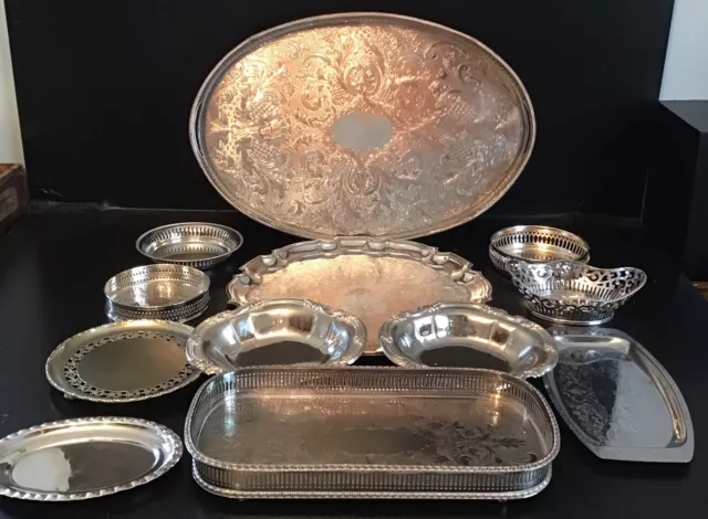 Stunning Vintage Job lot of Silver Plated Engraved Serving Trays Various Makers