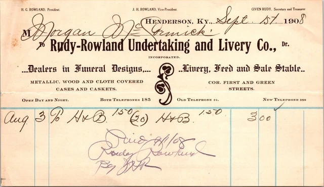 Rudy Rowland Undertaking and Livery Co Henderson KY 1908 Funerary Billhead