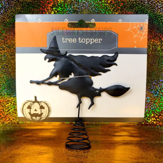 FLYING WITCH SILHOUETTE HALLOWEEN TREE TOPPER small black tin metal decoration