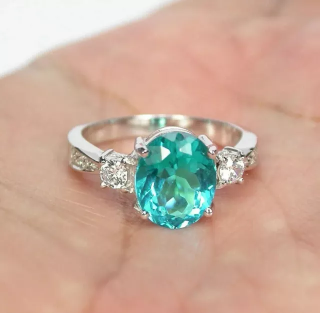 Natural 3.4 Blue Paraiba Tourmaline Handmade Oval Cut Side Zircon Ring Size 7.25