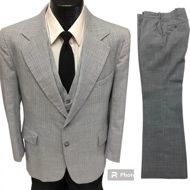 3 pc Vtg 70's Men STEEL BLUE STATIC Pin Stripe MOD Bell Bottom Trousers Suit 38
