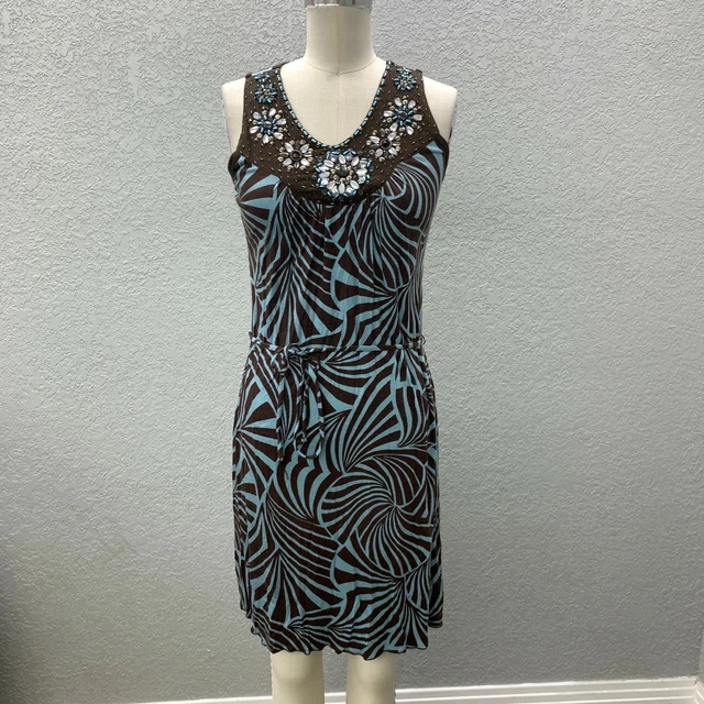 NWT Krista Lee Sheath Dress Women's XS Brown Blue Belted Embellished Sleeveless