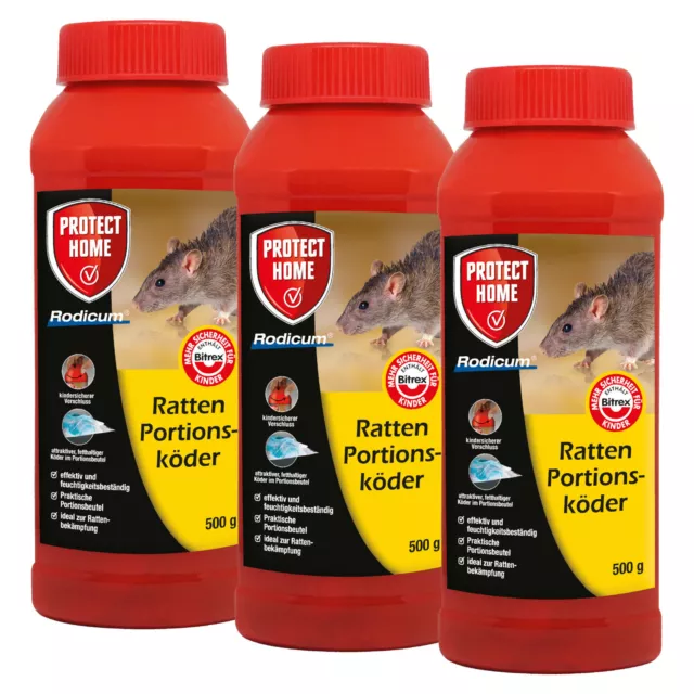 Protect Home Rodicum Ratten Portionsköder 3x 500 g Rattenköder Bekämpfen 27ppm