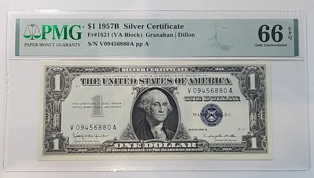 $1 1957-B Silver Gem Fr# 1621 VA Block PMG 66 EPQ Serial V09456880A