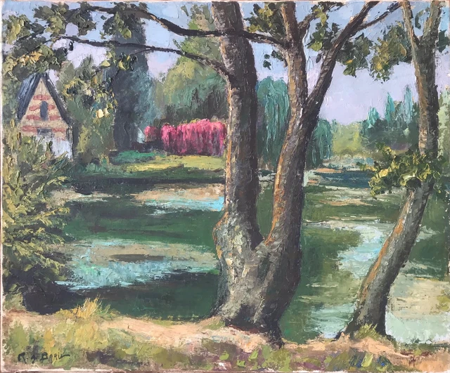 TABLEAU DE RENÉ Albert BARIL paysage lacustre du Yvelines 1960