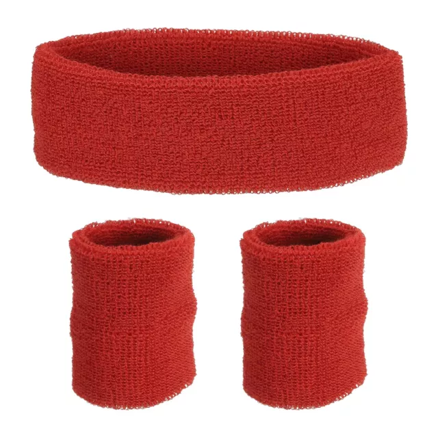 1 Headband & 2 Sport Wristbands Cotton Athletic Sweatband Red