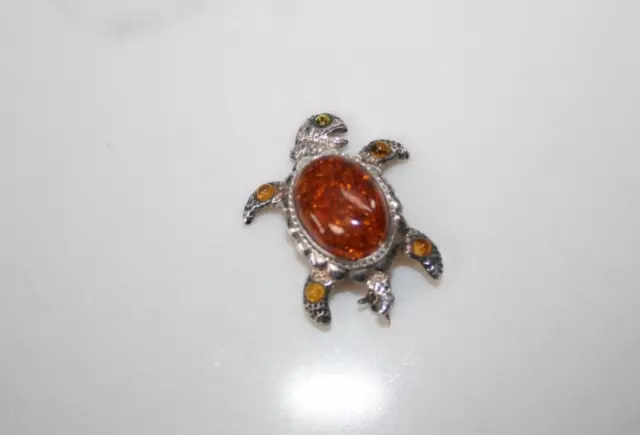 VINTAGE STERLING SILVER 925 Real AMBER Gemstone TURTLE BROOCH