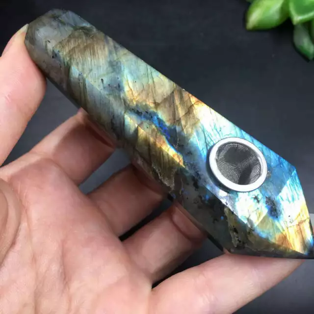 AAA Natural Labradorite Quartz Crystal Smoking Pipes Obelisk Healing Chakra Wand