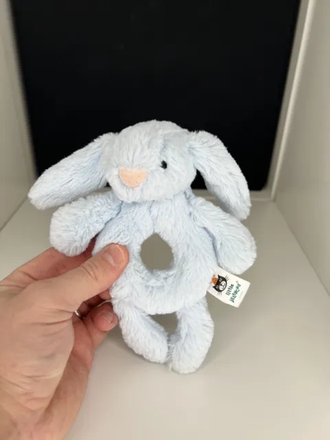 LITTLE JELLYCAT BLUE Bashful Bunny Rabbit Grabber Rattle Baby Soft Toy ...