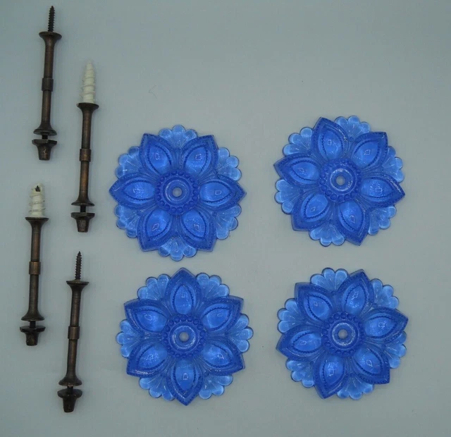 Vintage Antique 4 Blue Glass Victorian Curtain Tie Backs Holder W/ Hardware Pair