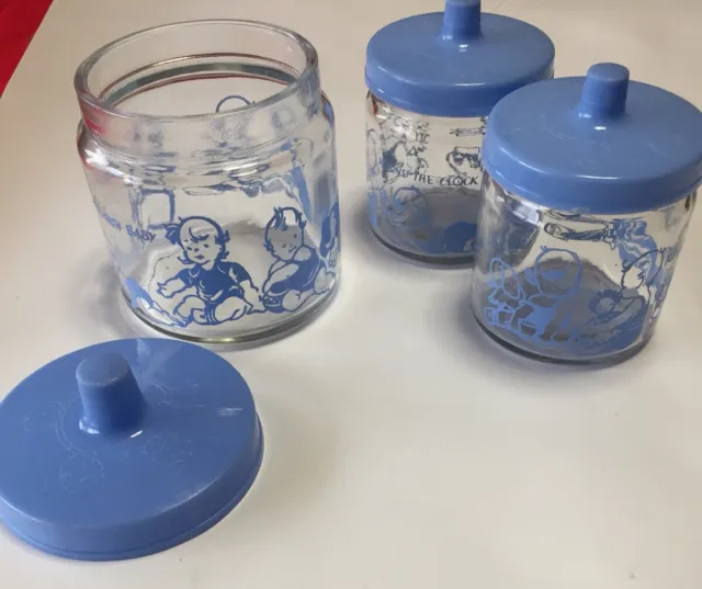 Baby Nursery Jars Vintage Set Of 3 ‘Around the clock with Baby’ Blue Glass 1960s