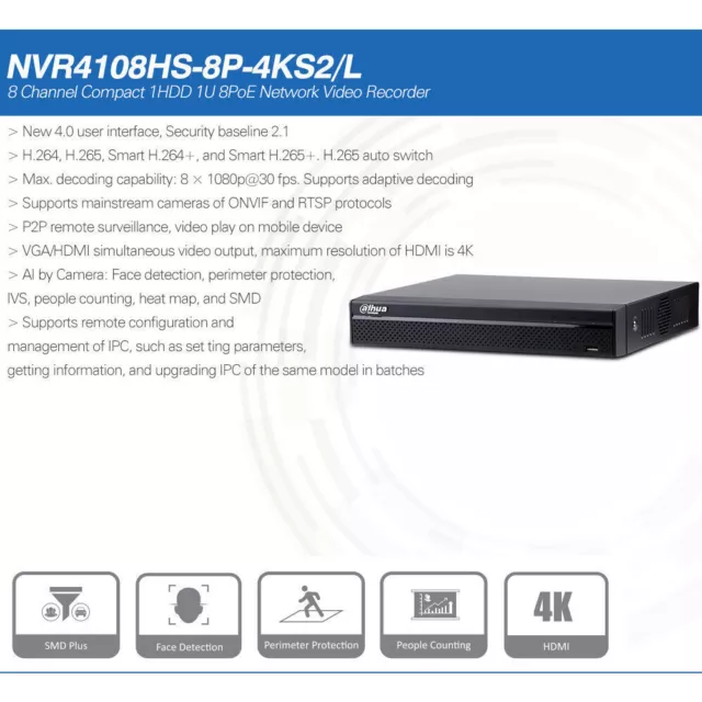 Dahua NVR4108HS-8P-4KS2/L 8CH AI 8PoE 1SATA 4K 1U Network Video Recorder H.265+ 2