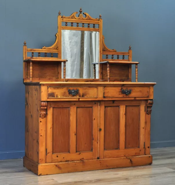 Attractive Large Antique Victorian Rustic Pine Mirror Back Sideboard Cabinet