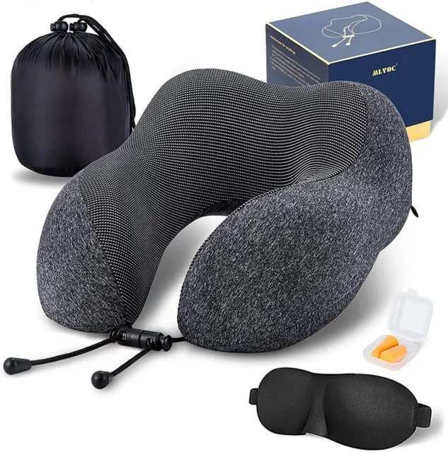 Travel Memory Foam Neck Pillow Comfortable Eye Masks Earplugs Standard Black