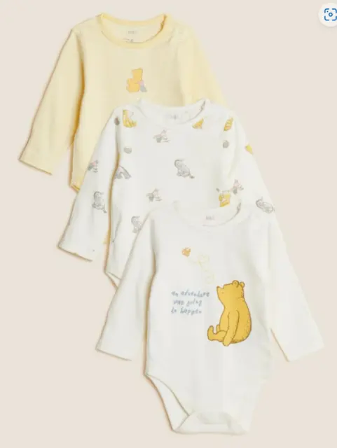 M&S Baby Girl Boy Pure Cotton 3pk Winnie the Pooh Bodysuits age 9 - 12 months