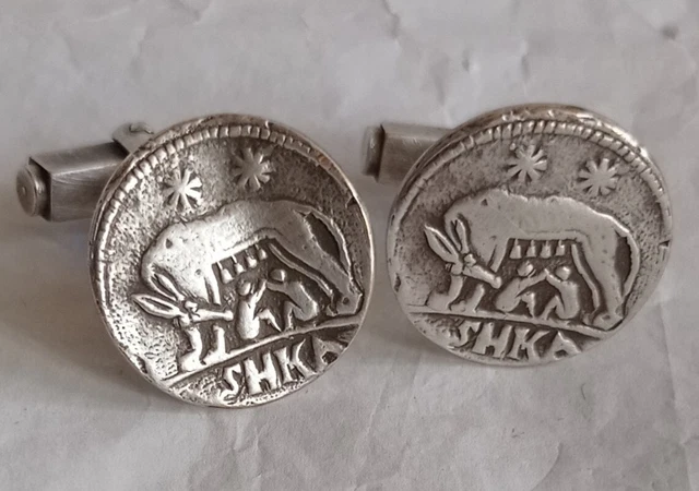 Boutons De Manchettes Vintage Argentés - Thème Pièces De Monnaie Antique Rome, 24mm