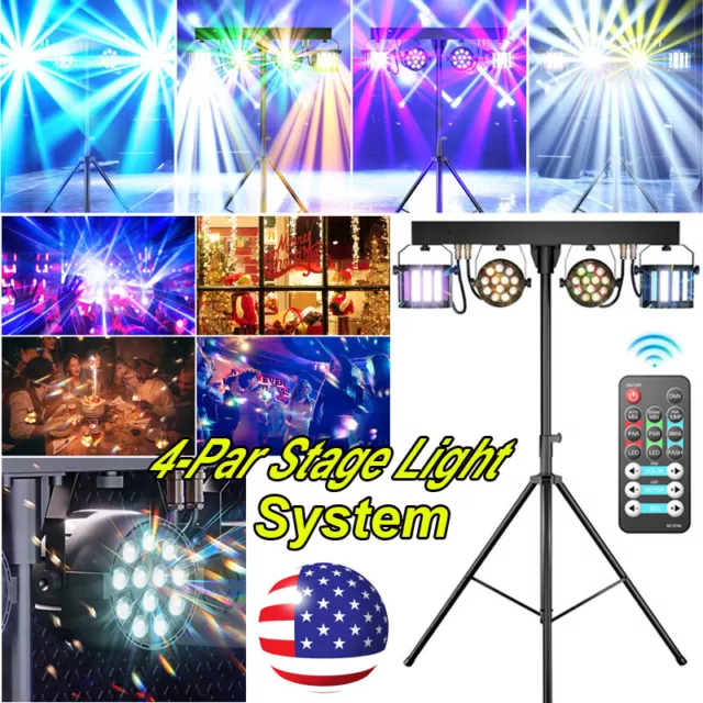 Complete Professional 4-Par Stage LEDs Lights DJ Band Club DMX System & Stand US