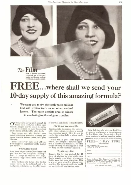 1929 PEPSODENT TOOTHPASTE Free 10 Day Tube Trial Offer Flapper Girl Hat ...