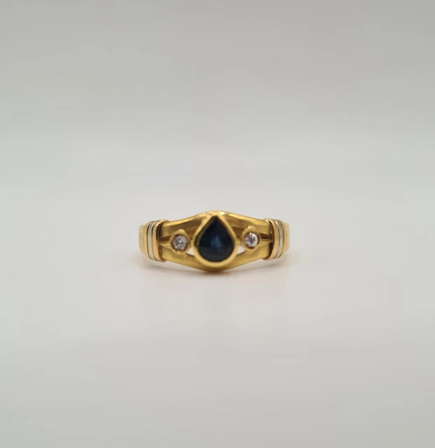 Bague Or Jaune 18 Carats Sertie De Saphir Et Diamants - Taille 60 - Poids 2.3g - Très Bon état