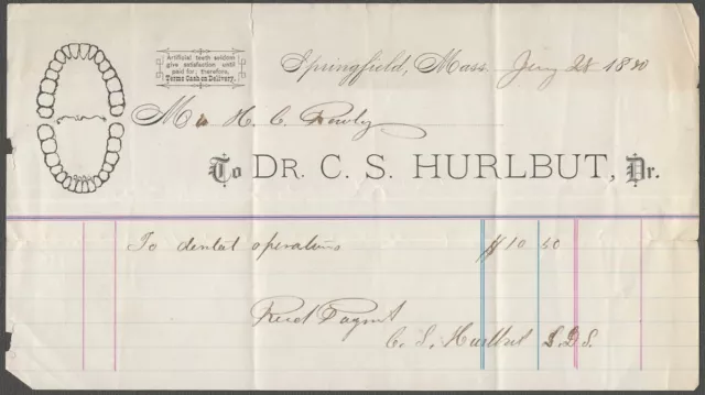 1880 Dentist Springfield Massachusetts Teeth Doctor Illustrated Medical Billhead