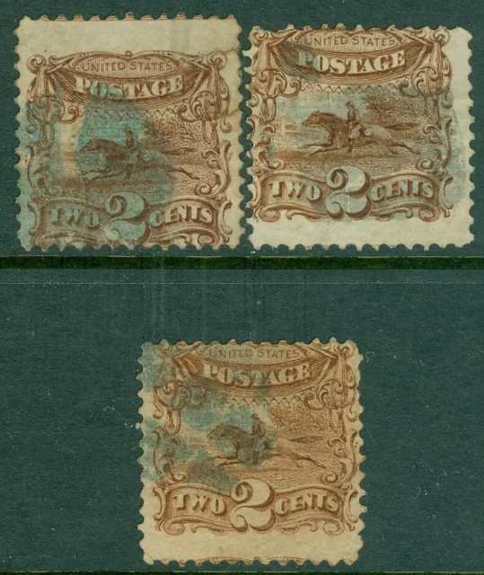 EDW1949SELL : USA 1869 Scott #113. 3 Timbres Utilisé Tout W / Bleu Annulés Chat