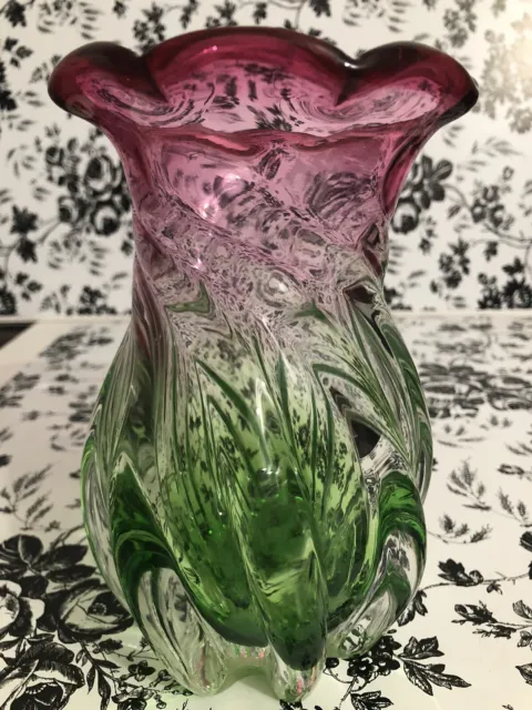 Vintage Handblown Vase Pink & Green Ombre Swirl Glass Ruffled Edge 7 “