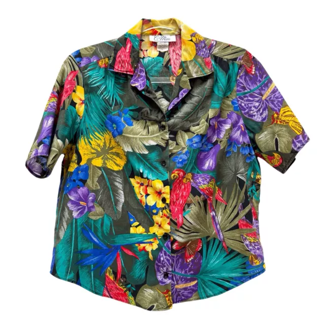 Vintage 90s Tropical Floral Parrots Hawaiian Shirt Blouse Tiki Butterfly Jungle