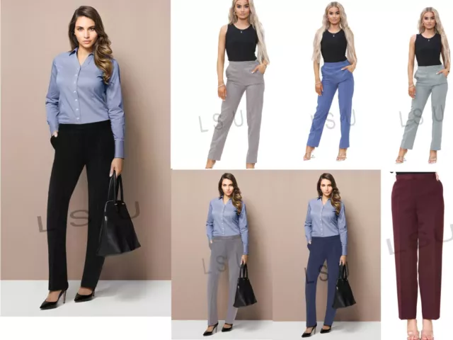 Women Trousers Half Elasticated Ladies Pull Up Pants Formal Office Work Trousers