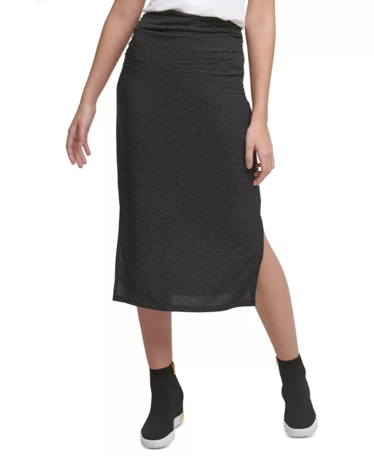 DKNY Studded Midi Pencil Skirt Womens Large Black Side Slit Black Pull On Knit