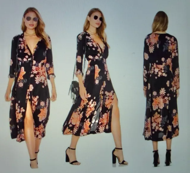 Nwt $148 Free People *Miranda* Black & Multi-Floral Boho Midi Dress - Womens 2 2