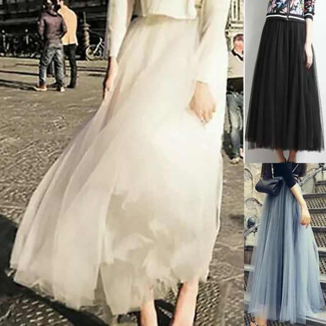 Women High Waist Tutu Tulle Maxi Skirt Ladies Mesh Pleated A Line Long Dress UK