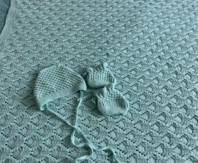 Hand Knitted Pale Turquoise / Mint Baby Blanket, Bonnet and Socks.