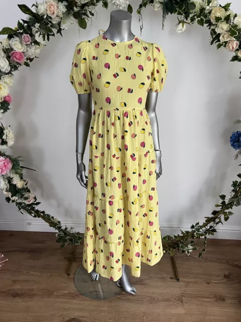 Neon Rose Midi Dress Size 8 Open Back Lemon Fruit Print Tiered Smock Dress MS29