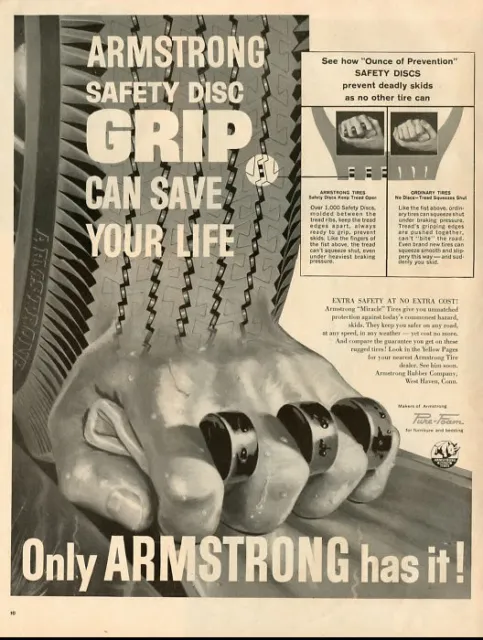 1955 vintage ad for Armstrong Tires, safety disc GRIP! neat art   3099