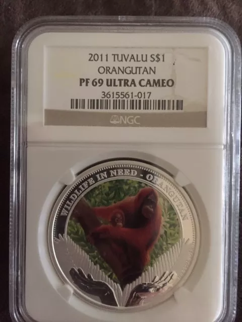 Tuvalu 2011 1oz Pure Silver Dollar Coin Orangutan NGC PF 69 Ultra Cameo, RARE