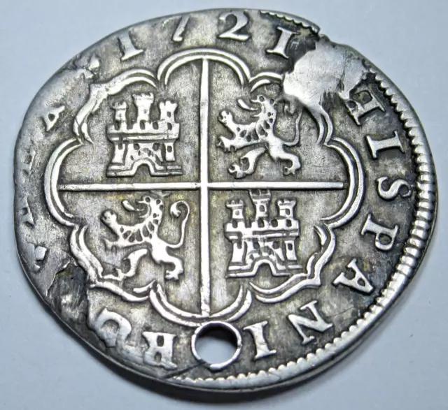 1721 Holed AU Spanish Silver 2 Reales 1700's Colonial Cross Pirate Treasure Coin