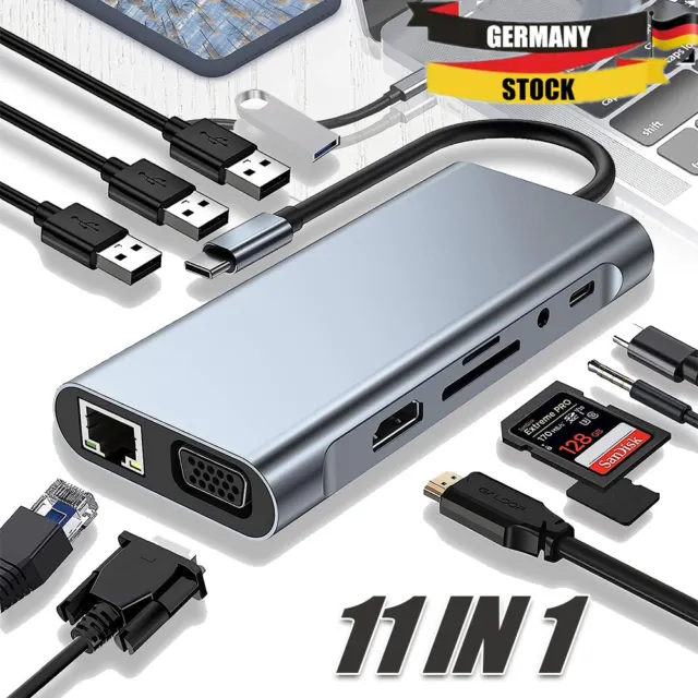 USB C Hub 11 in1 Adapter HDMI 4K USB 3.0 Micro SD RJ45 Ethernet Netzwerk Macbook