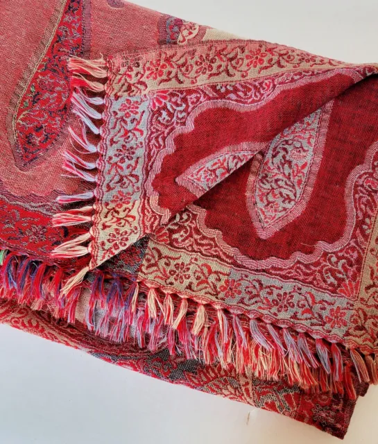Sacred Threads 100% Wool India Red Purple Tassel Large Rectangle Scarf Shawl