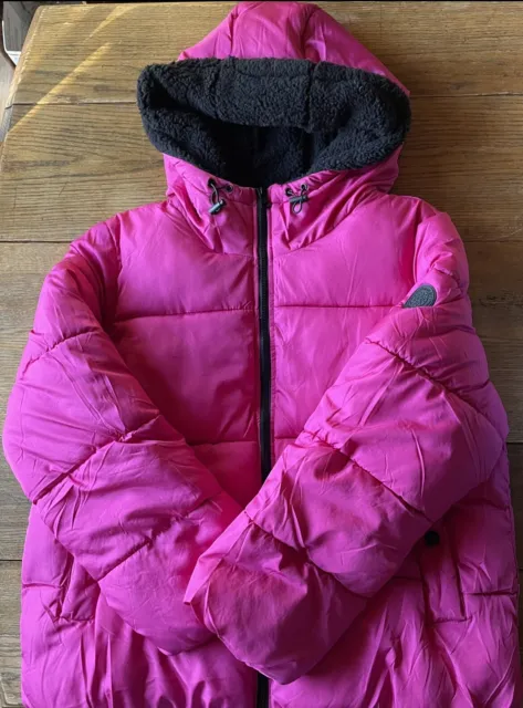 Madden Girl Juniors Size X-Large Puffy Short Jacket Fuschia Faux Fur Hood EUC