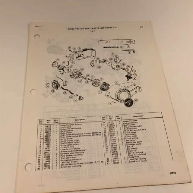 1976 Wright Model 121 Chain Saw Parts List 63276