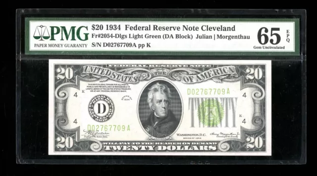 DBR 1934 $20 LGS FRN Cleveland Gem Fr. 2054-Dlgs PMG 65 EPQ Serial D02767709A