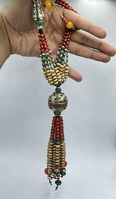 Tibetan Design Beautiful Old Necklace With Natural Turquoise Coral & Seashell 3