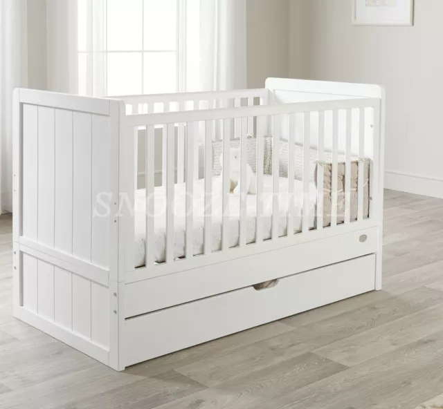 Baby Cot Bed with Drawer Storage White Anthracite Grey - converts to toddler bed