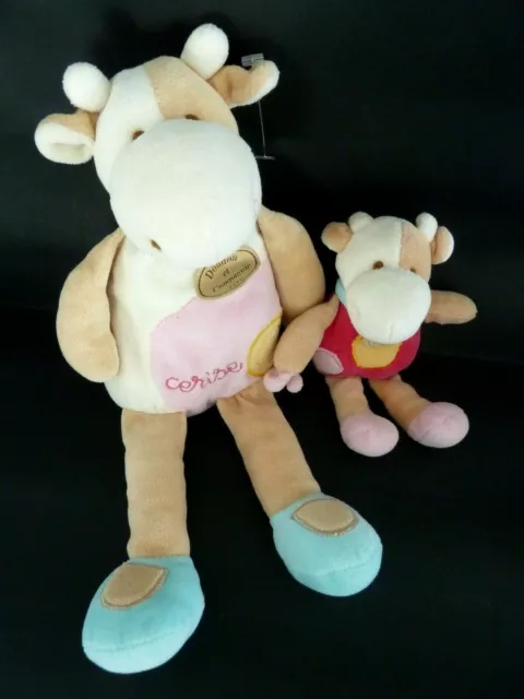 *.  DOUDOU ET COMPAGNIE PELUCHE VACHE CERISE BEBE ROSE BLEU 30cm LOT DE 2 BE